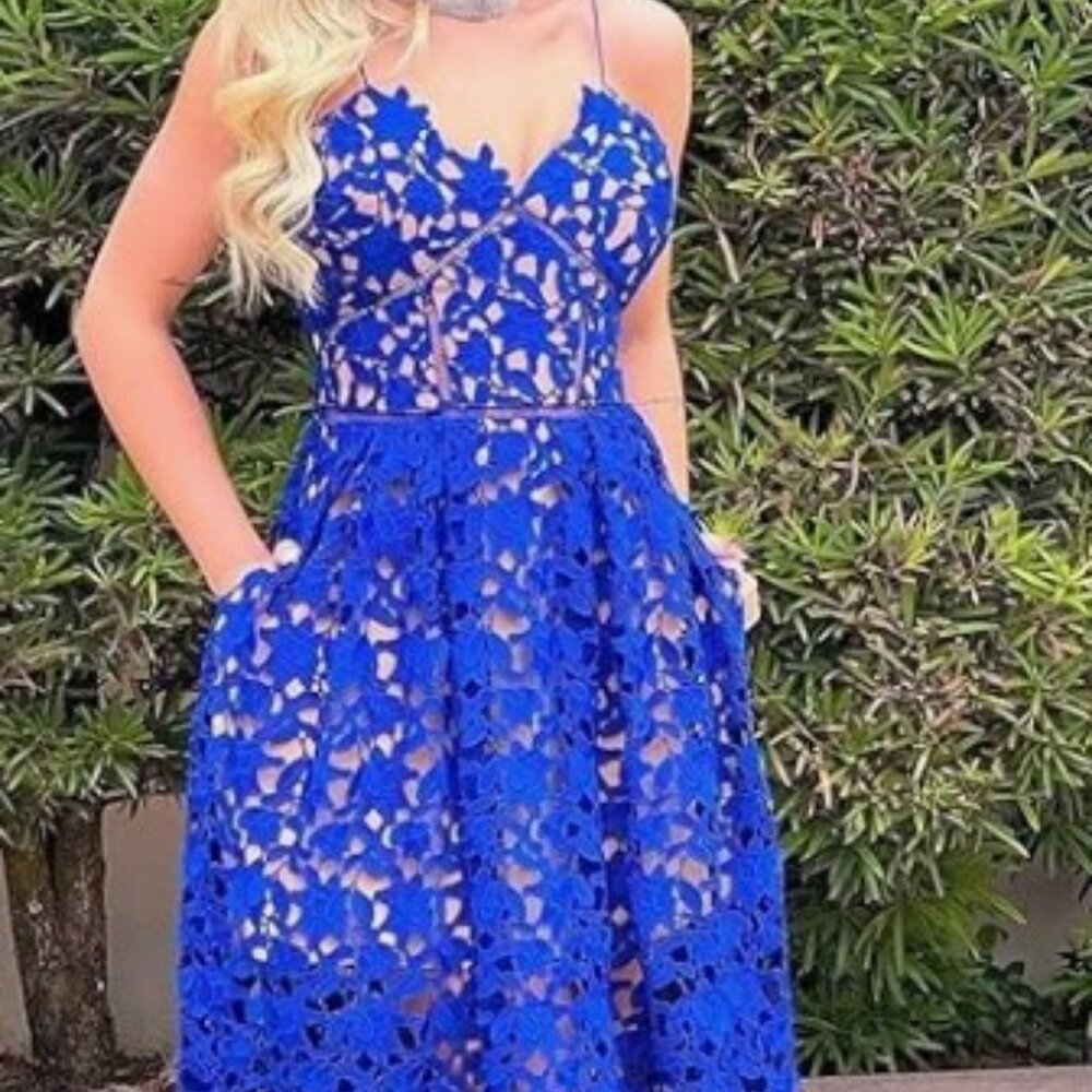 Blue Floral Lace Cutout Midi Dress